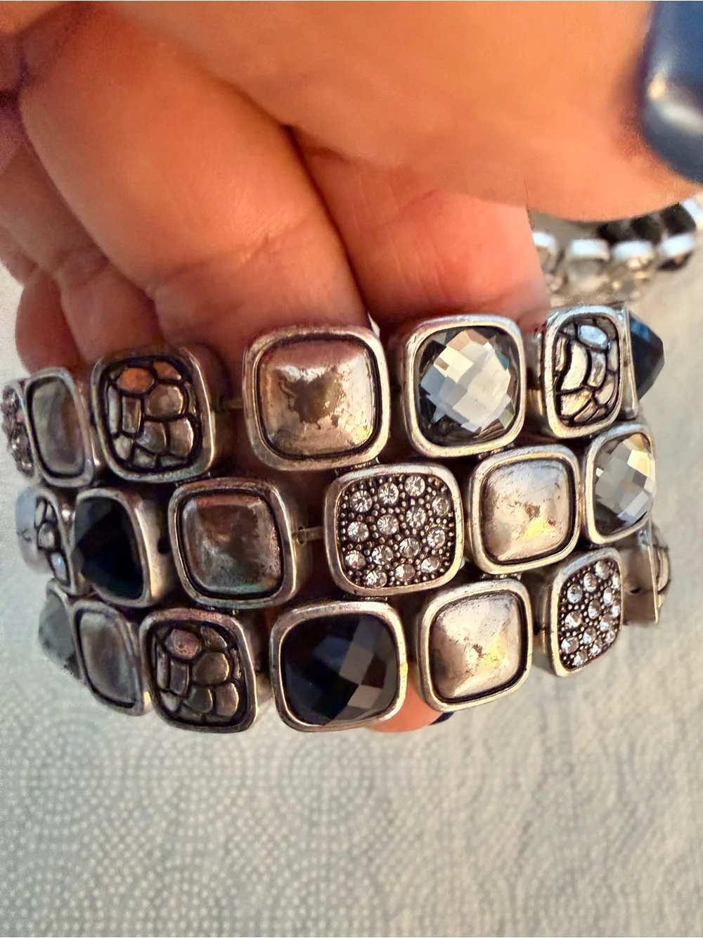 Chico's Silver-Tone Multi-Panel Stretch Bracelet with Black Accents
